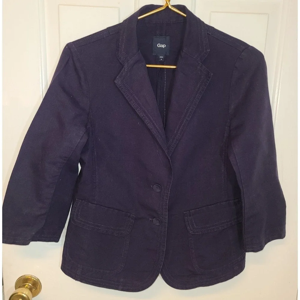 Gap Blazer Womens 6 Navy‎ Blue Linen Blend Notch Lapel 3/4 Sleeve Prep Academic